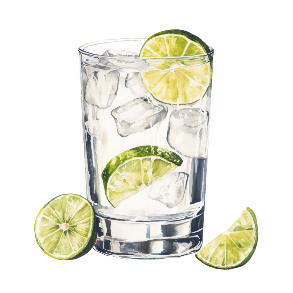Refreshing glass of iced lime water with sliced lime wedges and ice cubes png