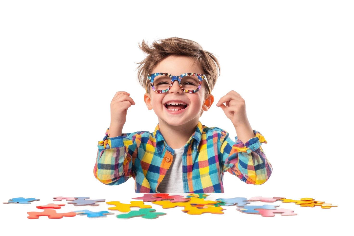 Happy caucasian child with glasses playing with colorful puzzle pieces png
