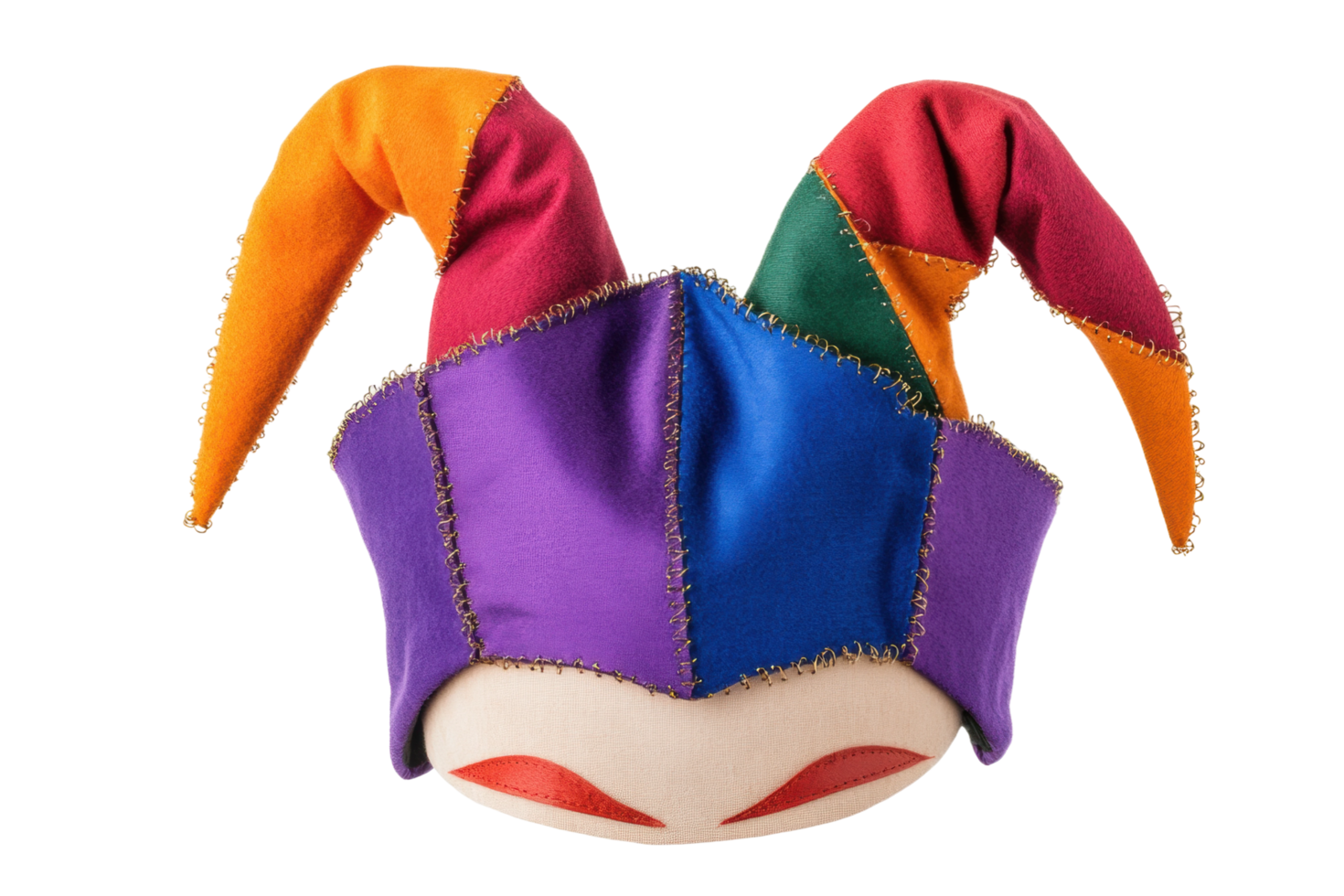Colorful jester hat with multi-color pointed panels and red eyes png