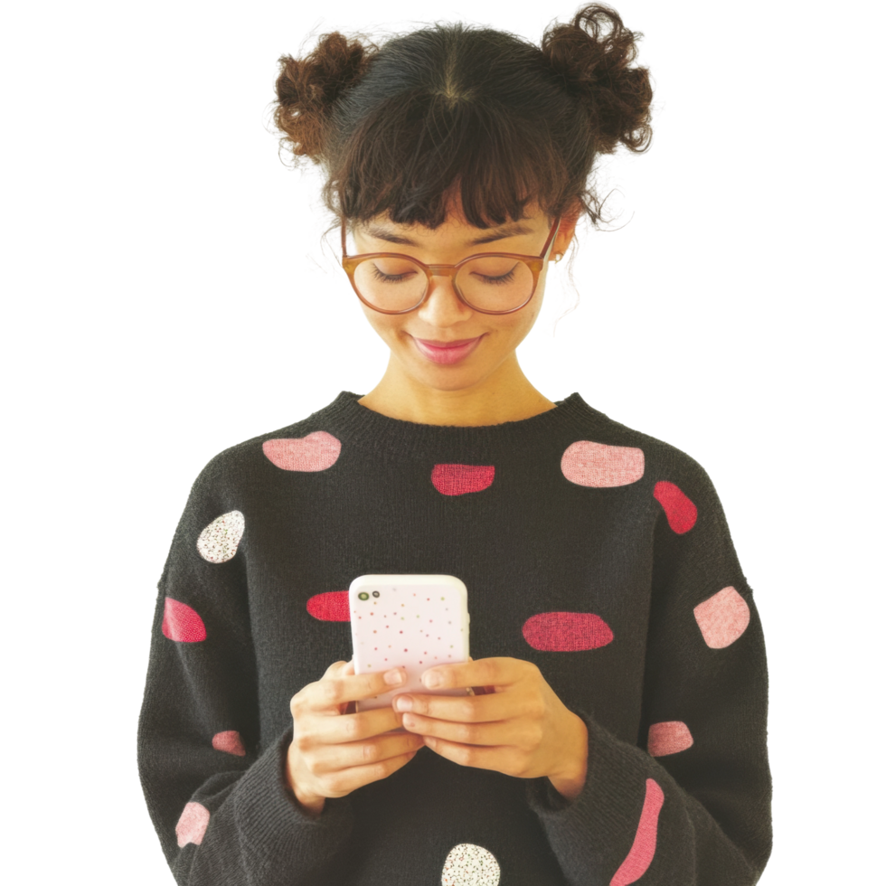 Asian female young adult using smartphone with glasses and polka dot sweater png
