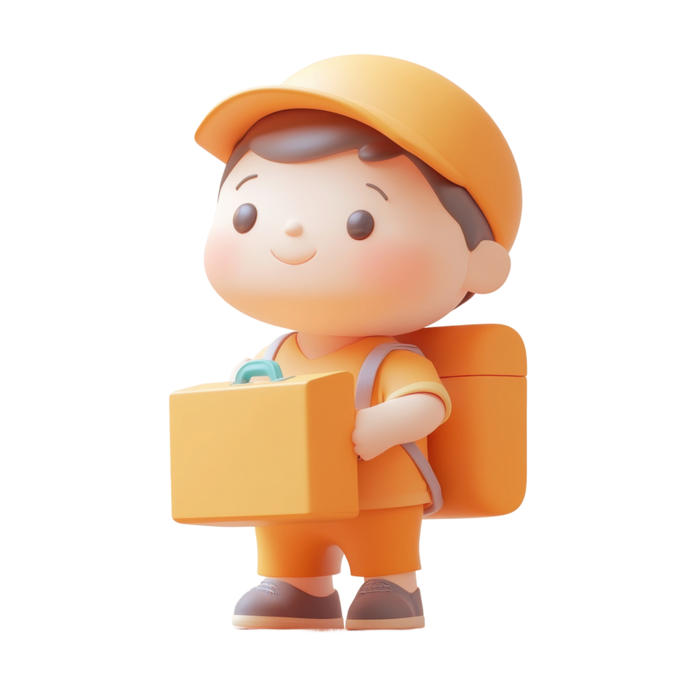 Cute cartoon child character with box and backpack in uniform png