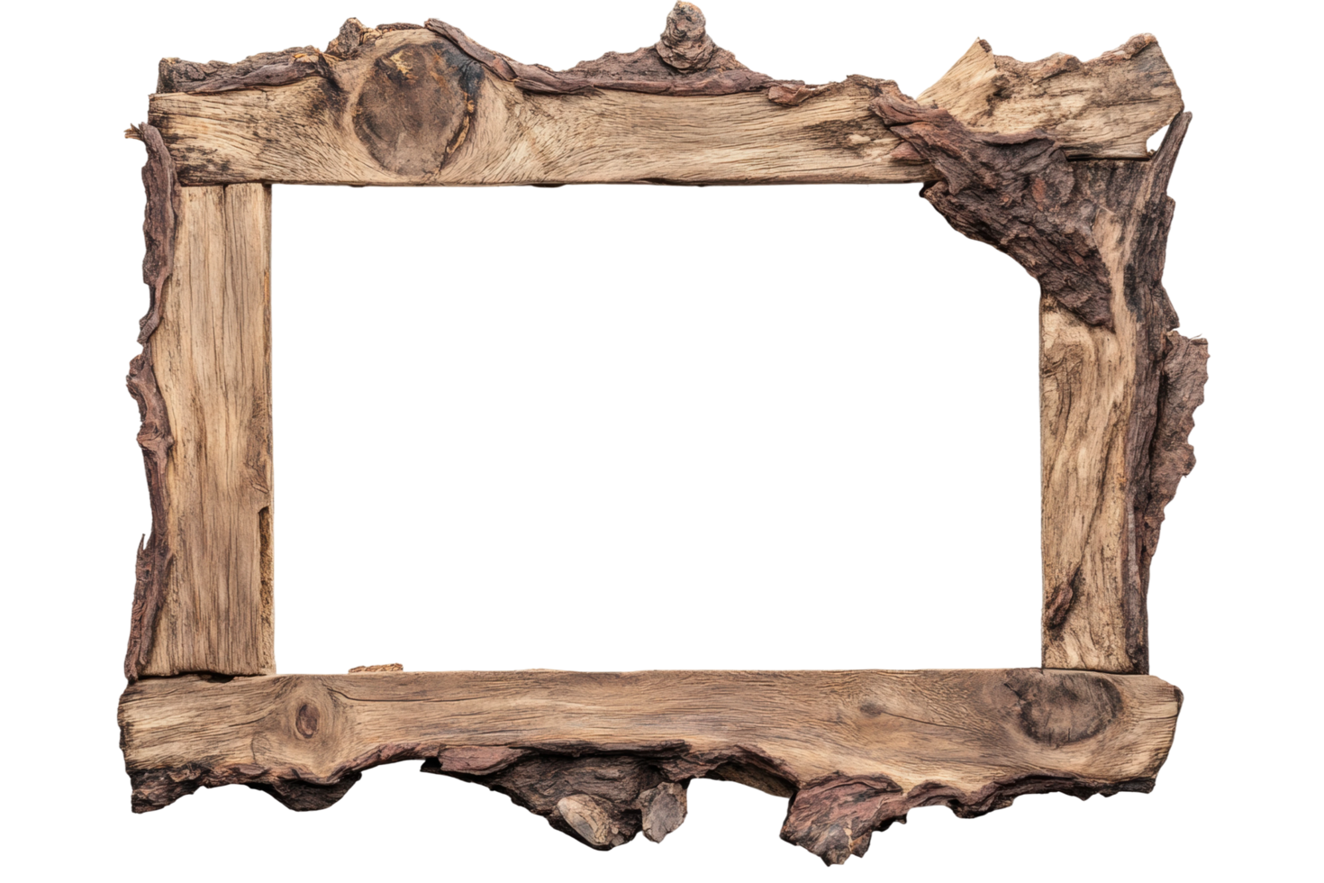 Rustic wooden picture frame with natural bark edges png