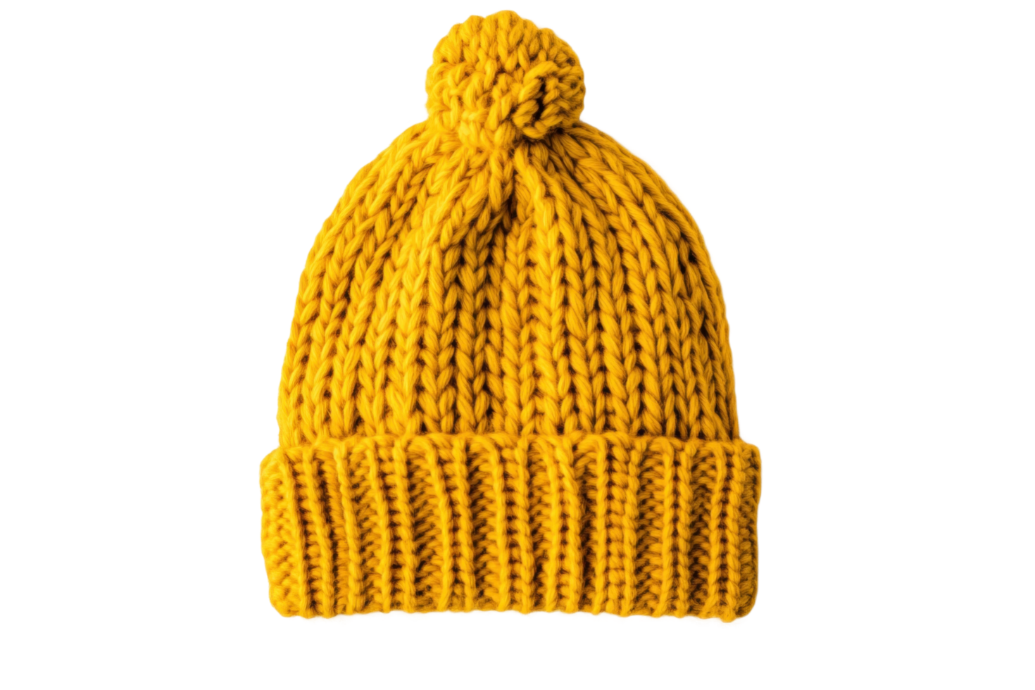 Knitted yellow beanie hat with pom-pom for cold weather png