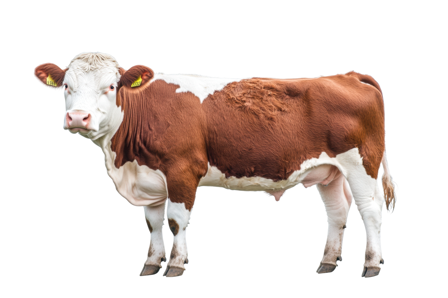 Side view of brown and white cow with ear tags png