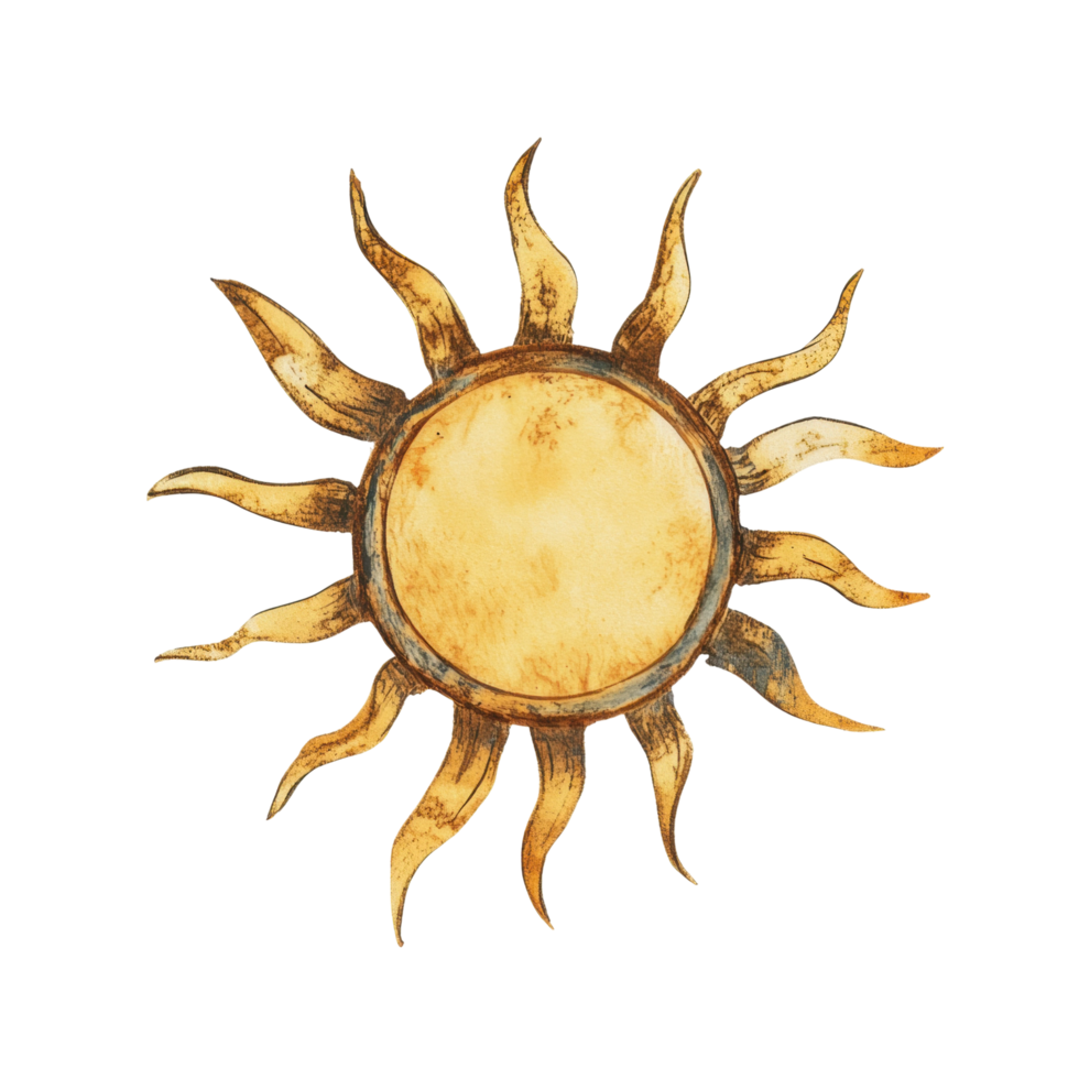 Rustic metal sun art with curved rays and textured center png