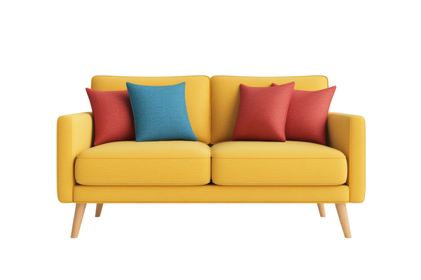 Modern yellow sofa with colorful cushions on display png