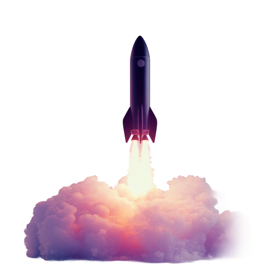 Rocket launching with glowing smoke in dark sky png