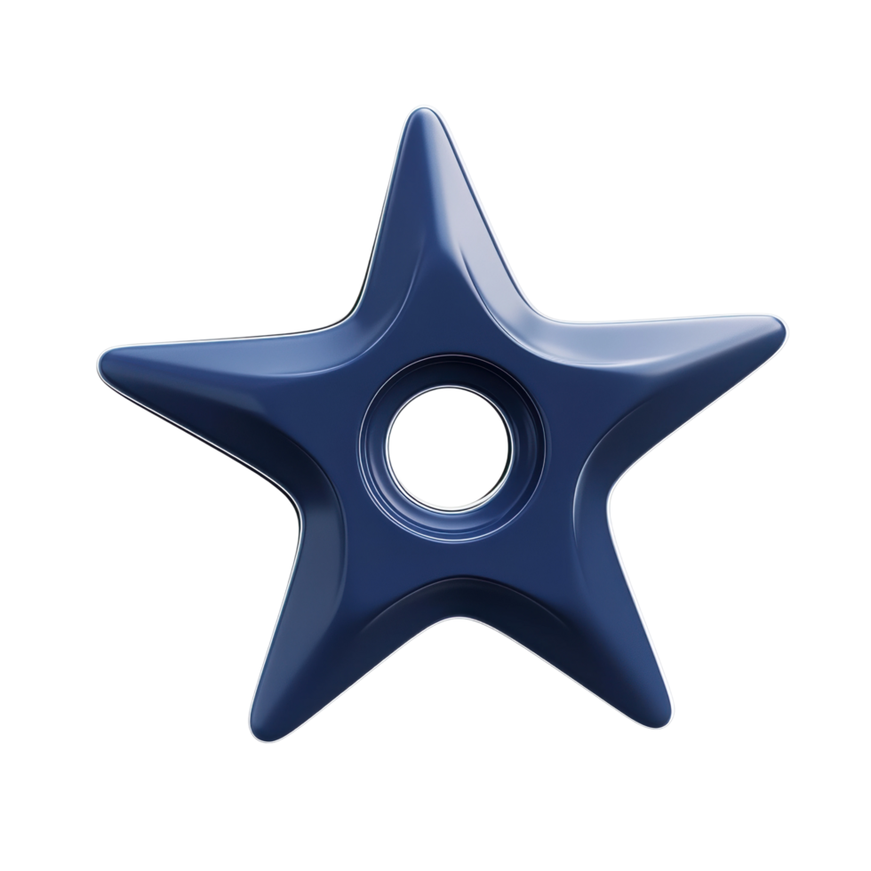 Shiny blue metal star shape with central hole design on dark background png