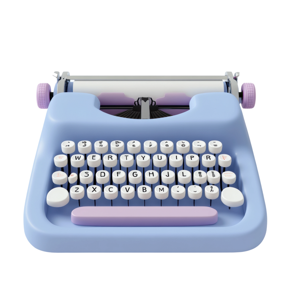Vintage blue typewriter with pastel keys and spool mechanism top view png