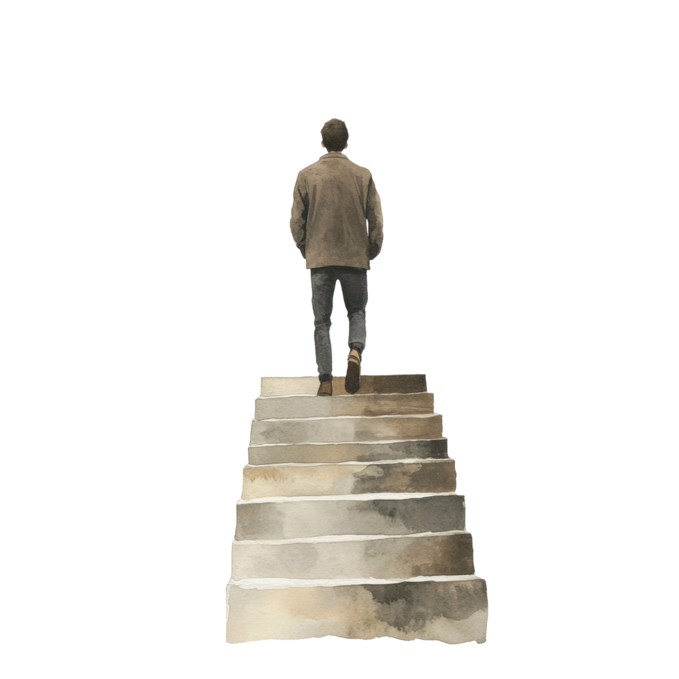 Young caucasian male walking up stairs in casual attire with determined attitude png