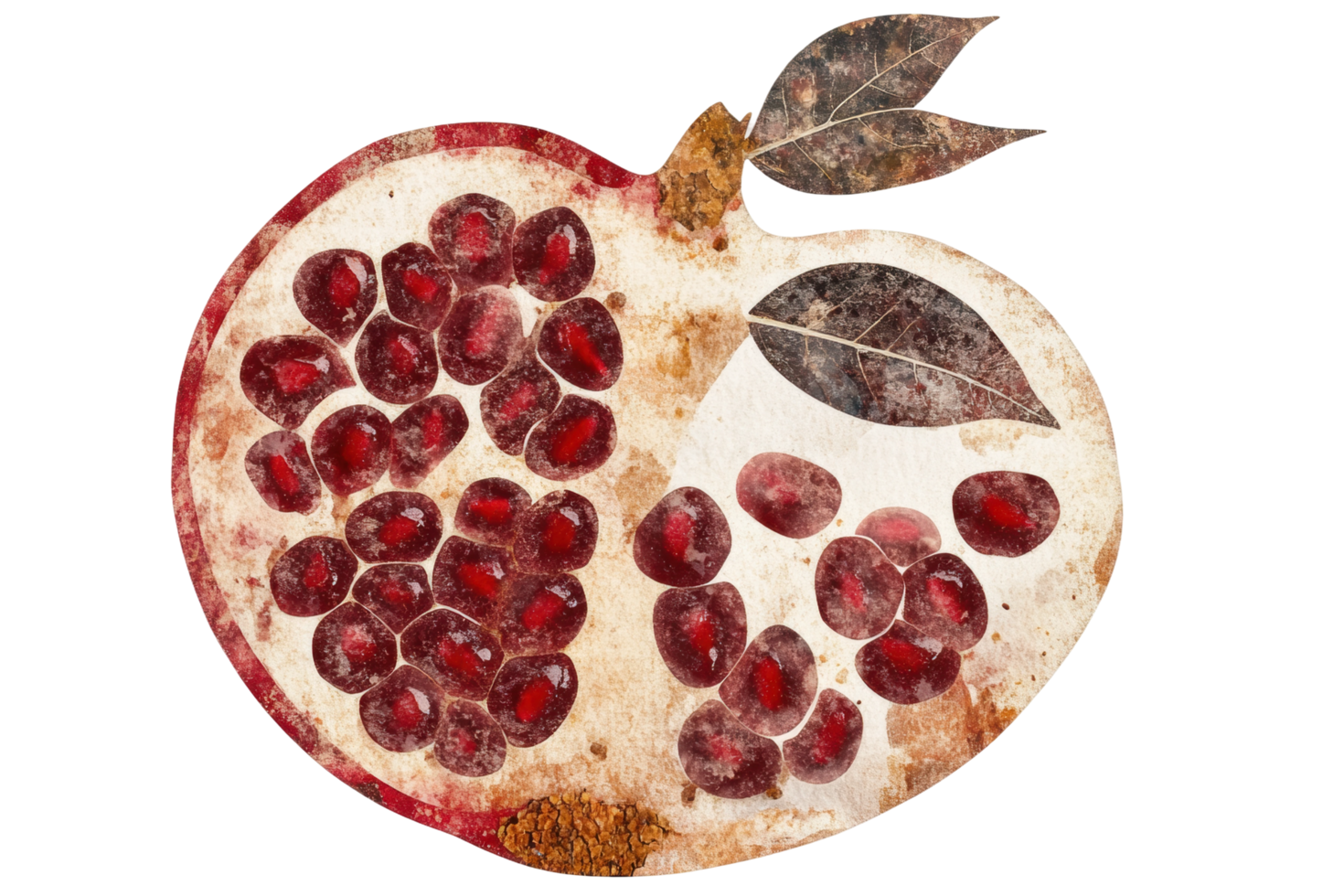 Artistic abstract pomegranate with seeds and leaves in vintage style png