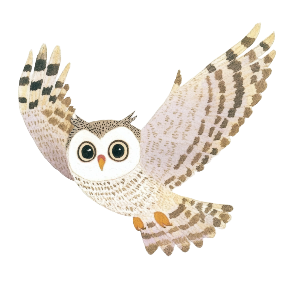Illustrated owl with outstretched wings in flight png