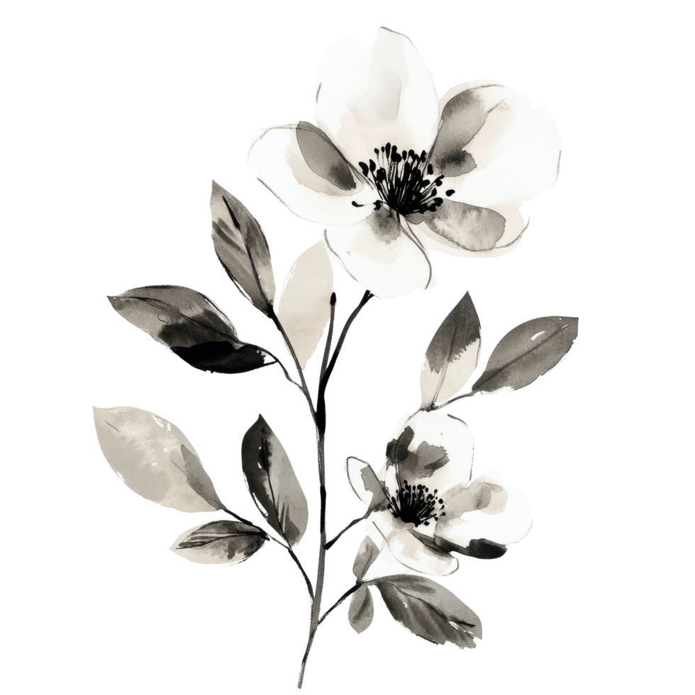 Elegant black and white floral artwork with two blooms png