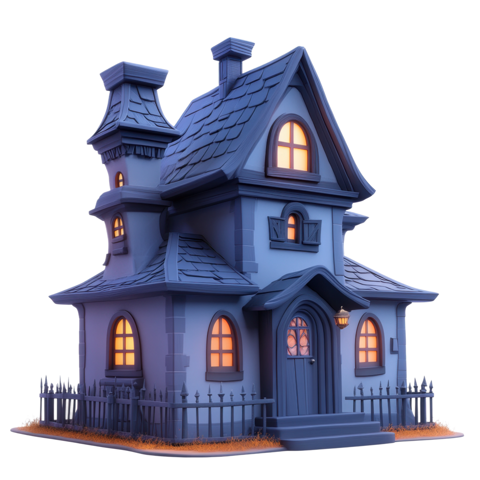 Charming cartoon haunted house with warmly lit windows png