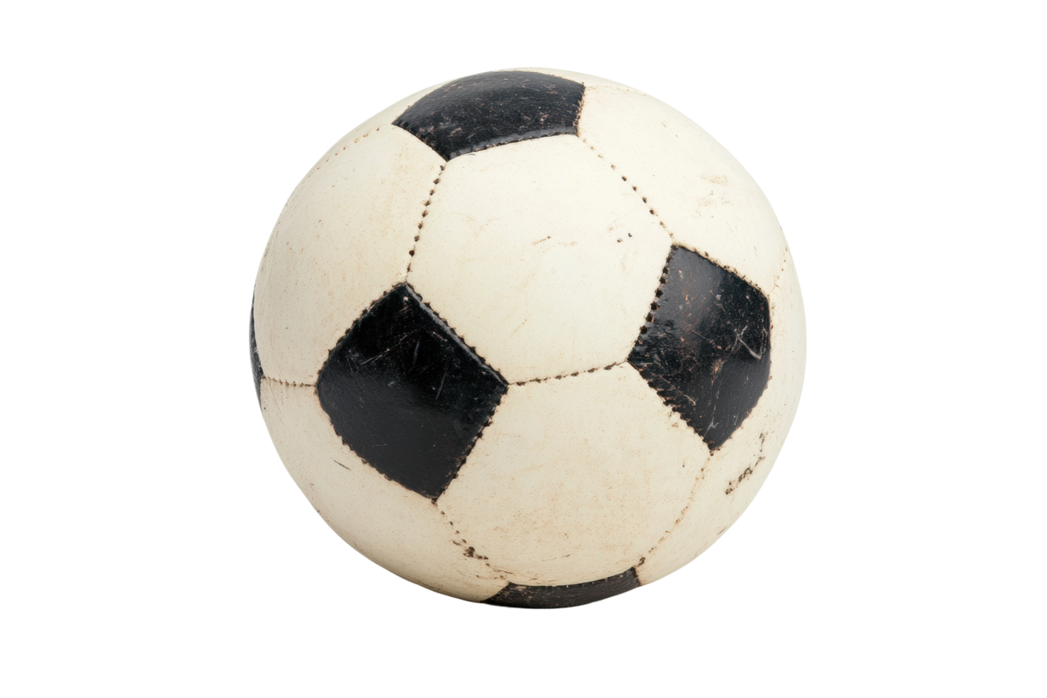 Classic worn soccer ball with black and white pattern png