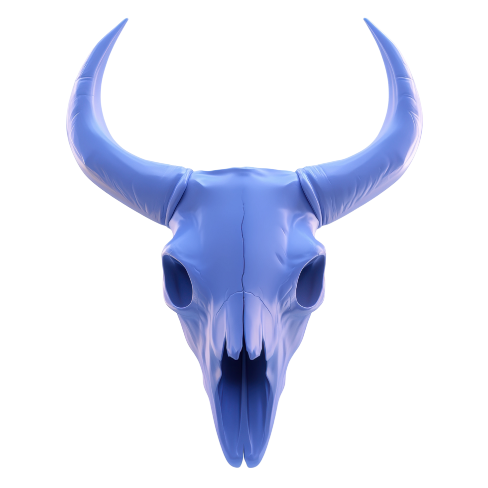 Blue bull skull with prominent horns in minimalist style png