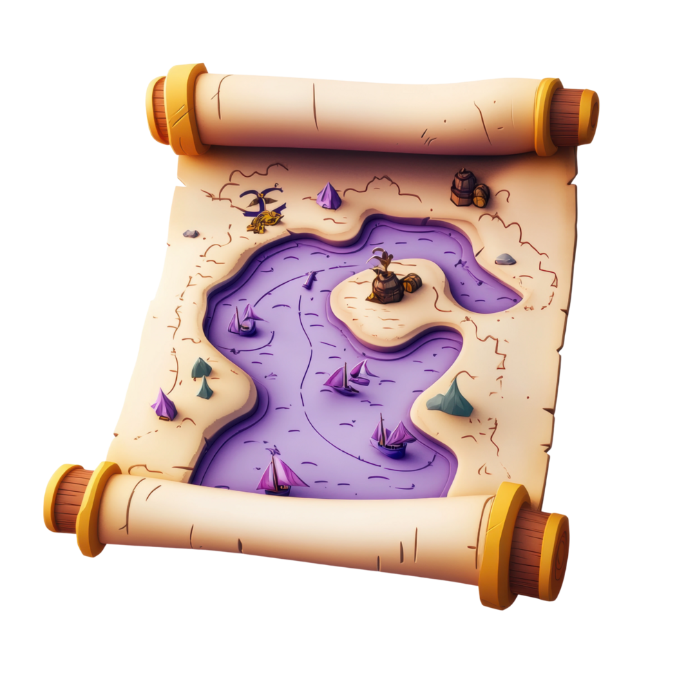 Ancient scroll map with illustrated island and ocean adventures png