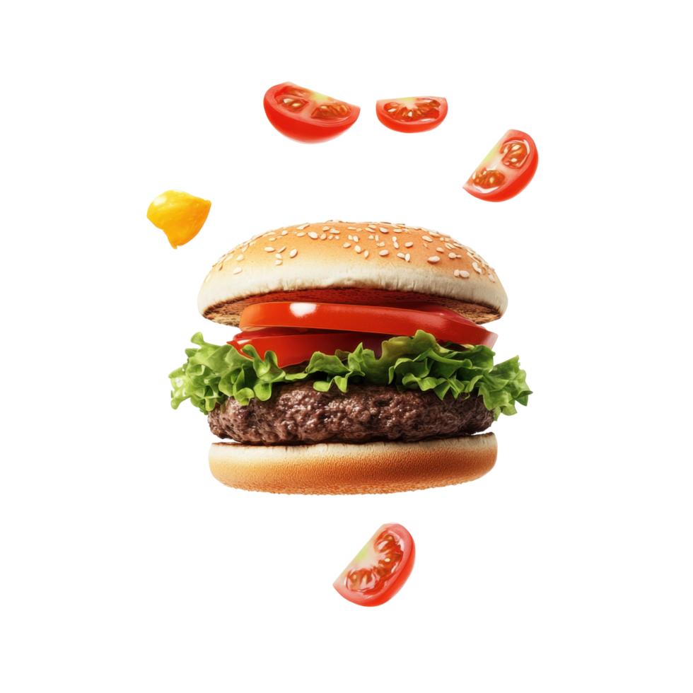 Juicy hamburger with fresh lettuce and sliced tomatoes png