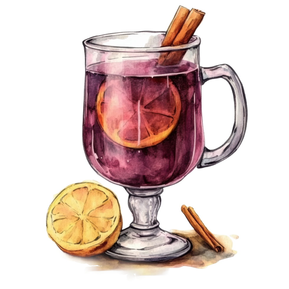 Mulled wine with cinnamon and lemon wedge in a glass mug png