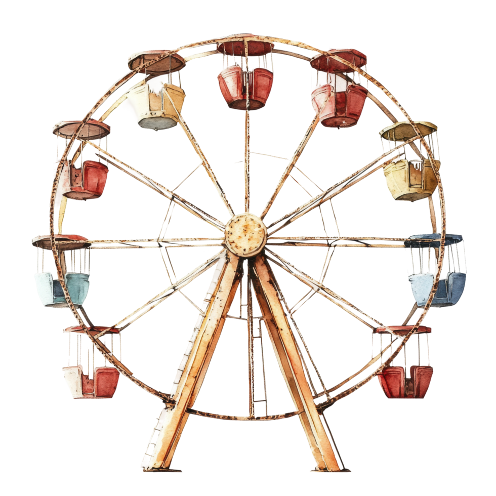 Rustic ferris wheel with colorful vintage gondolas png