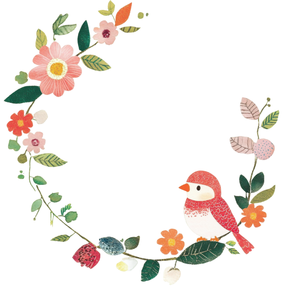 Floral wreath with red bird and green leaves in a circular design png