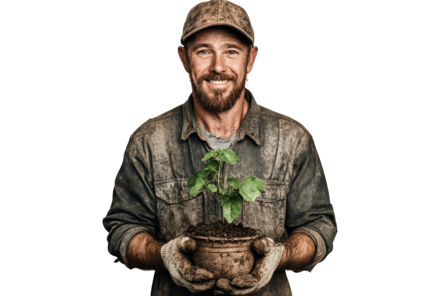 Caucasian male adult gardener holding potted plant with smile png