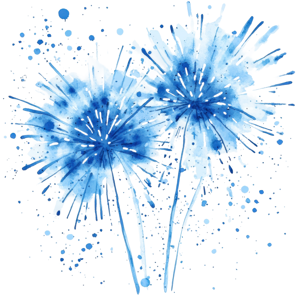 Blue watercolor dandelions with artistic splatters and abstract design elements png