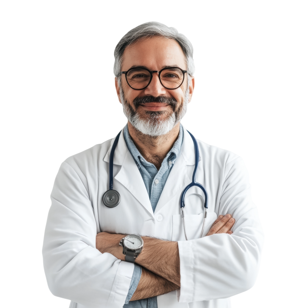 Mature caucasian male doctor wearing stethoscope and smiling confidently png
