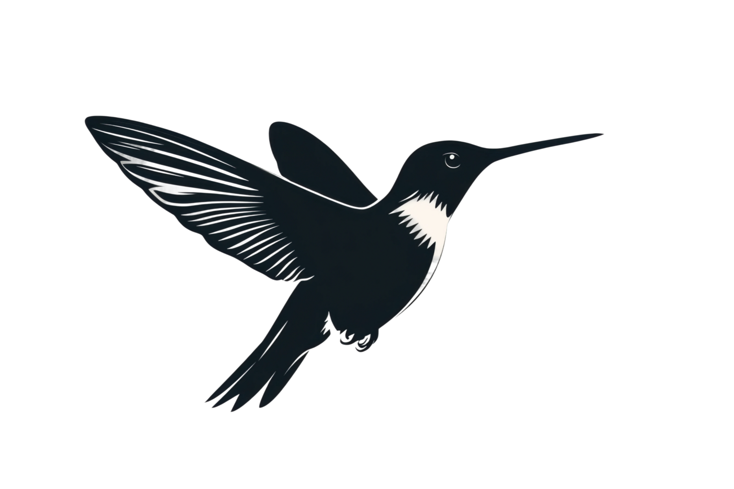 Stylized hummingbird silhouette in flight with detailed wings and beak png