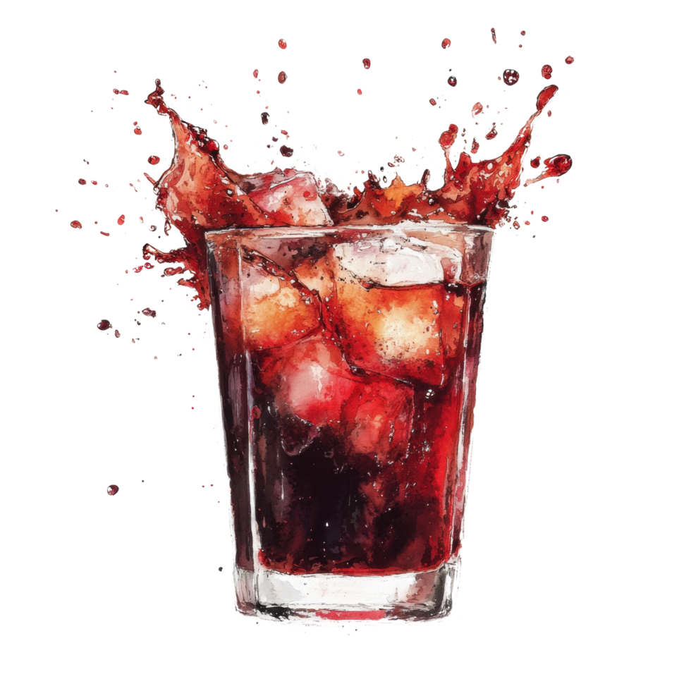 Refreshing splash of iced cherry cola with ice cubes and dynamic splash png