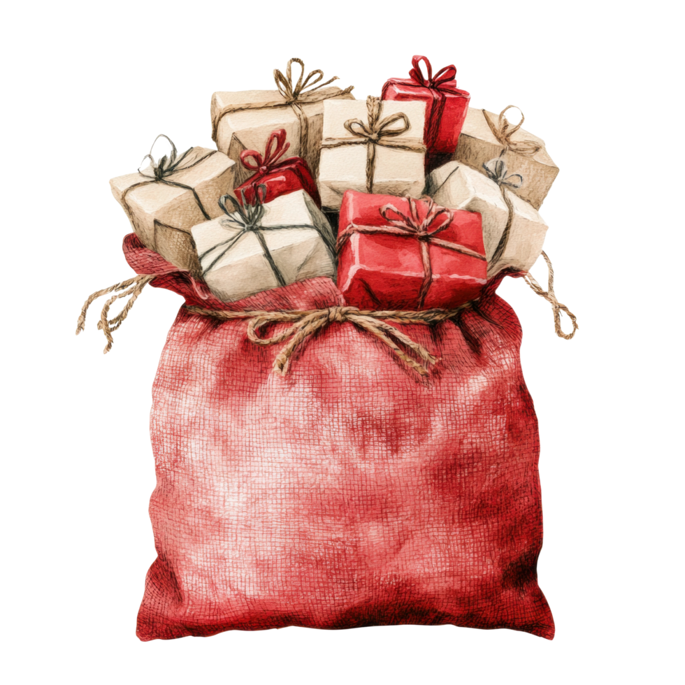 Red sack filled with festive wrapped gifts png