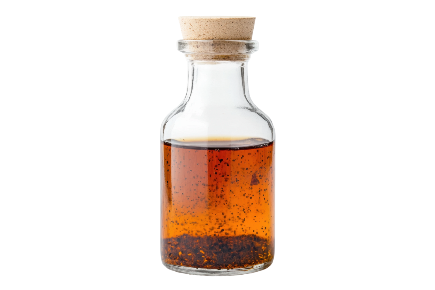 Clear glass bottle with cork lid filled with infused oil and herbs png