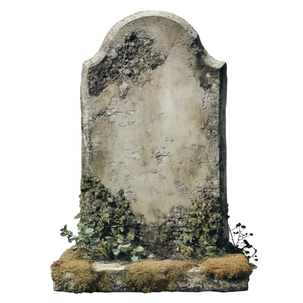 Ancient weathered gravestone with moss and ivy in overgrown cemetery png