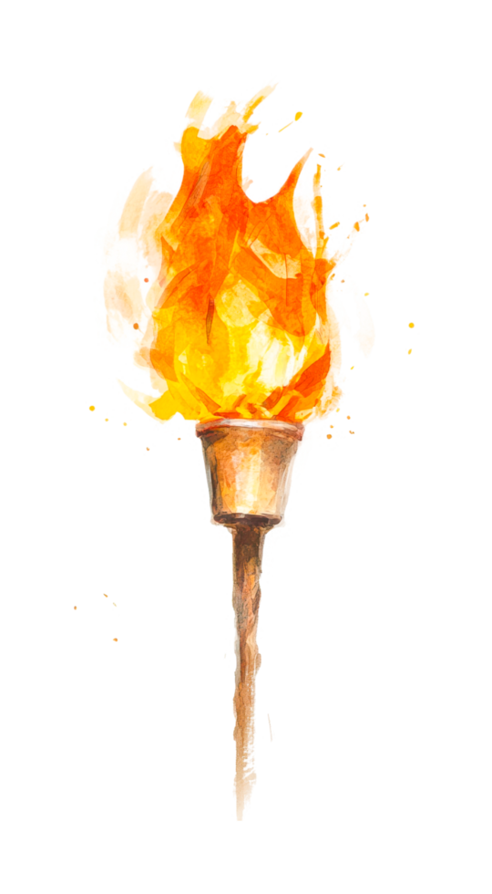 Watercolor flaming torch with fiery orange flames png
