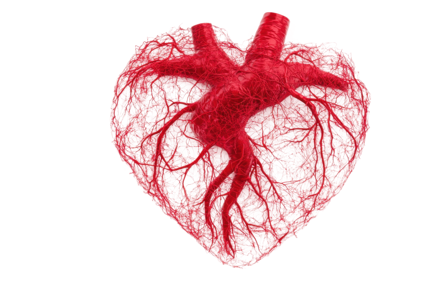 Detailed human heart model with arteries and veins in red png
