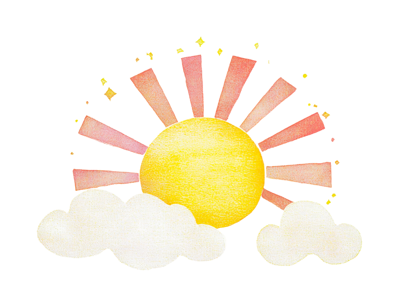 Artistic sun with clouds and radiating sunbeams in simple design png