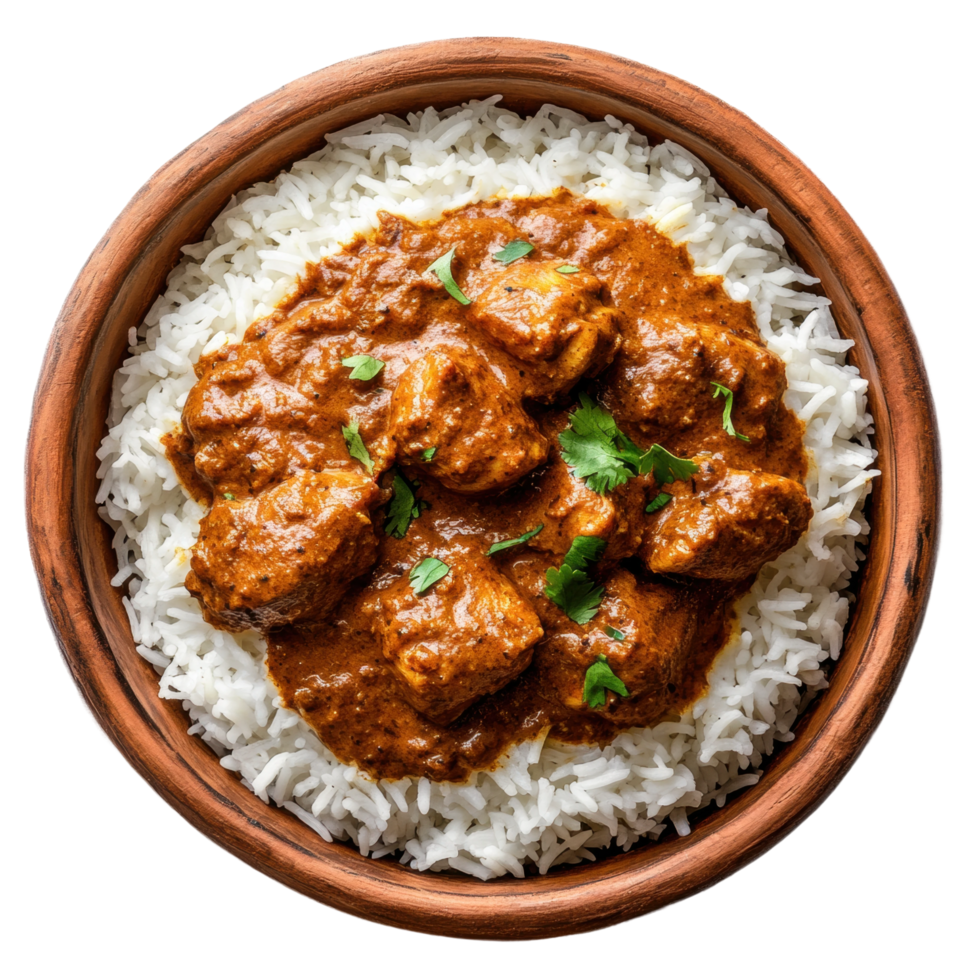 Delicious indian chicken curry with rice in clay bowl png