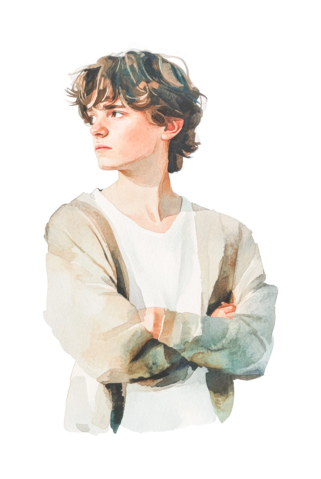 Young caucasian male with wavy hair and thoughtful expression in casual outfit png