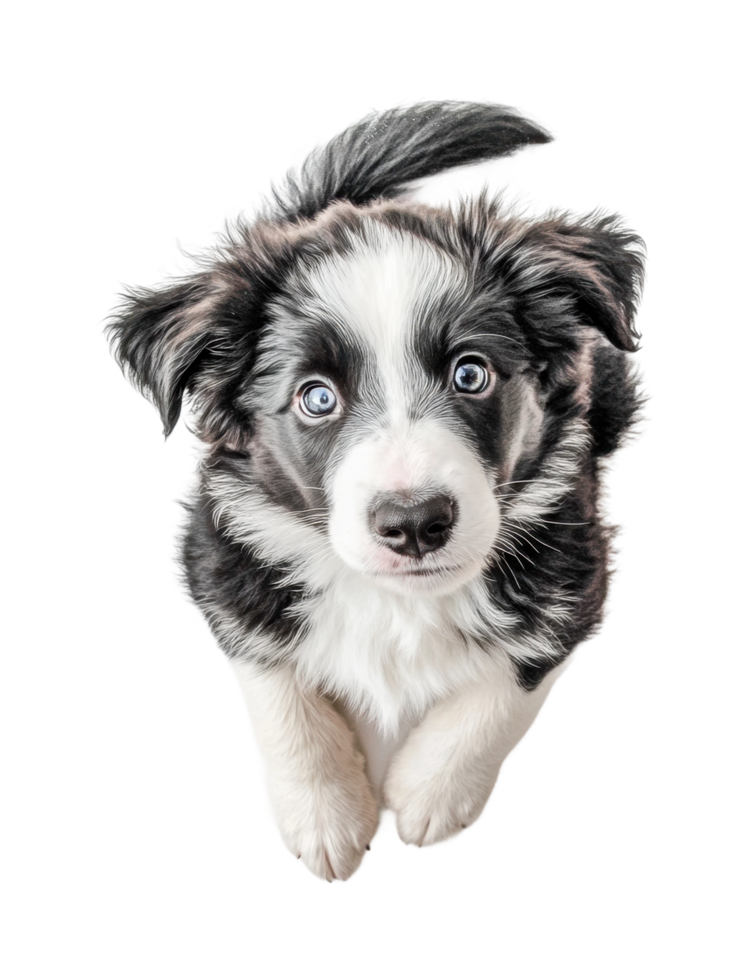 Adorable border collie puppy with blue eyes looking upward png