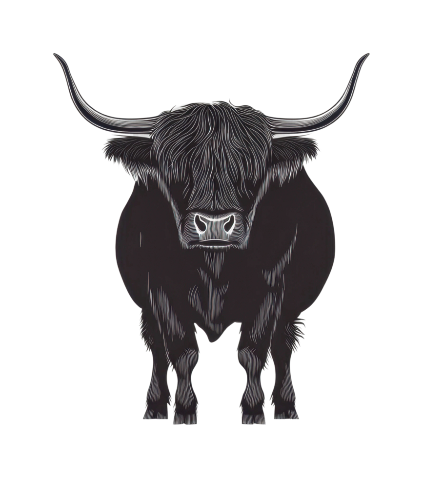 Majestic highland cow with long horns and shaggy fur png