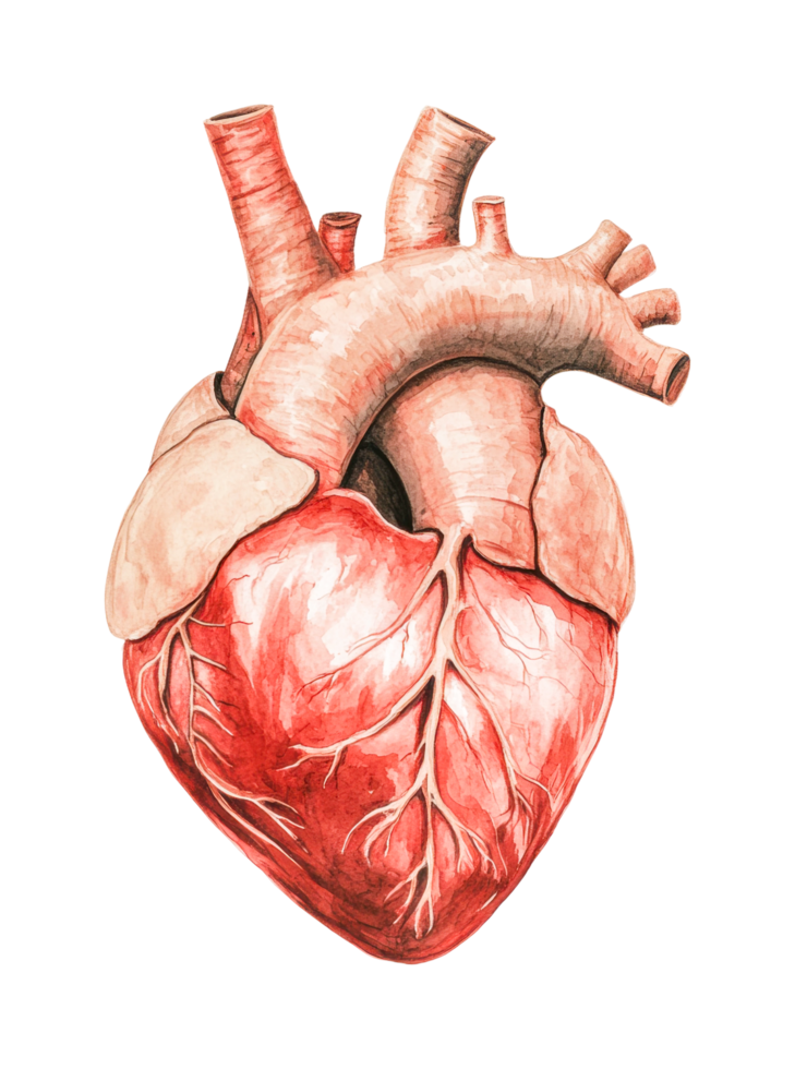 Detailed anatomical drawing of a human heart with vessels and chambers png