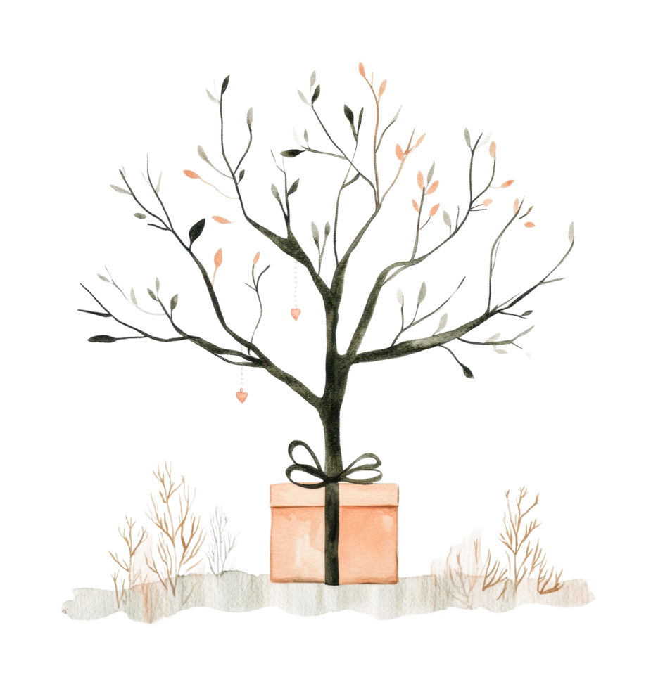 Decorated tree with gift box and rustic branches png