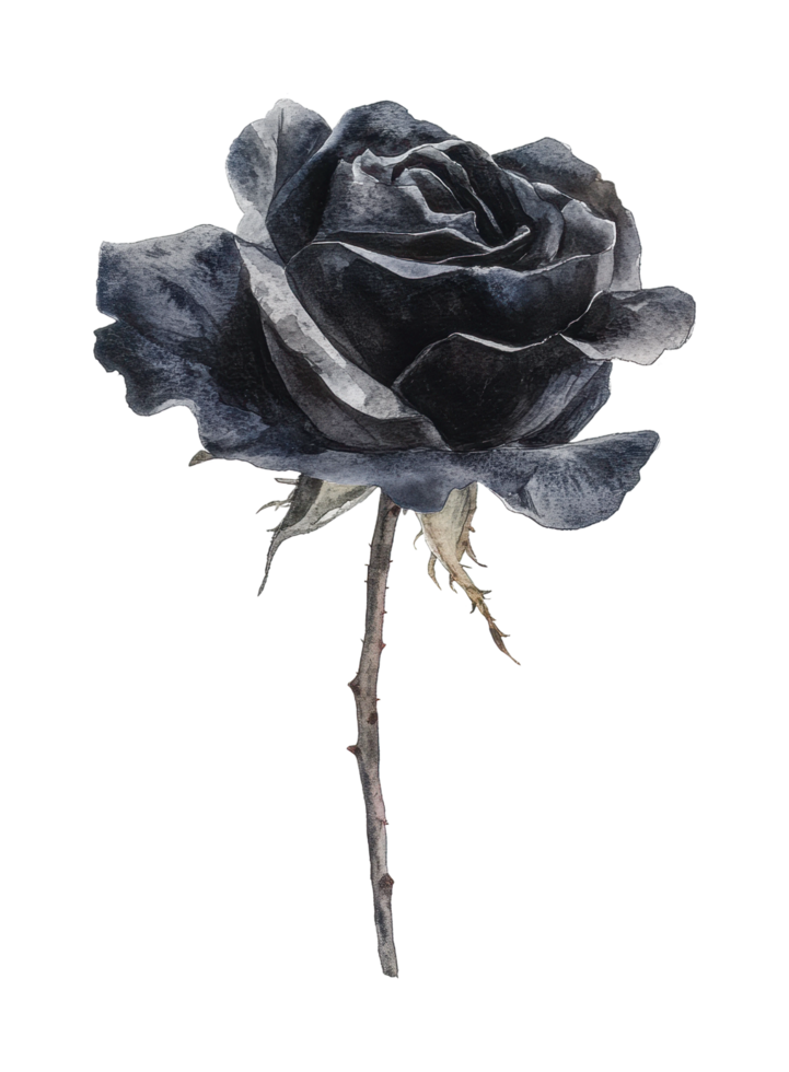 Elegant black rose with detailed petals and thorny stem png