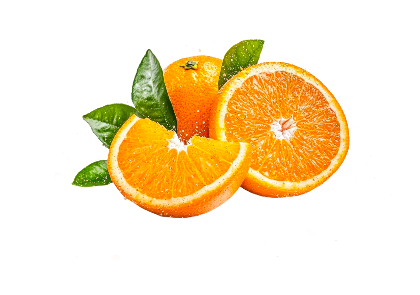 Fresh oranges with leaves and slices showcasing juicy citrus fruit png