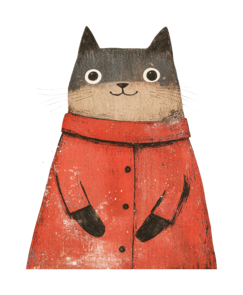 Whimsical cat in a red coat with playful expression and big eyes png