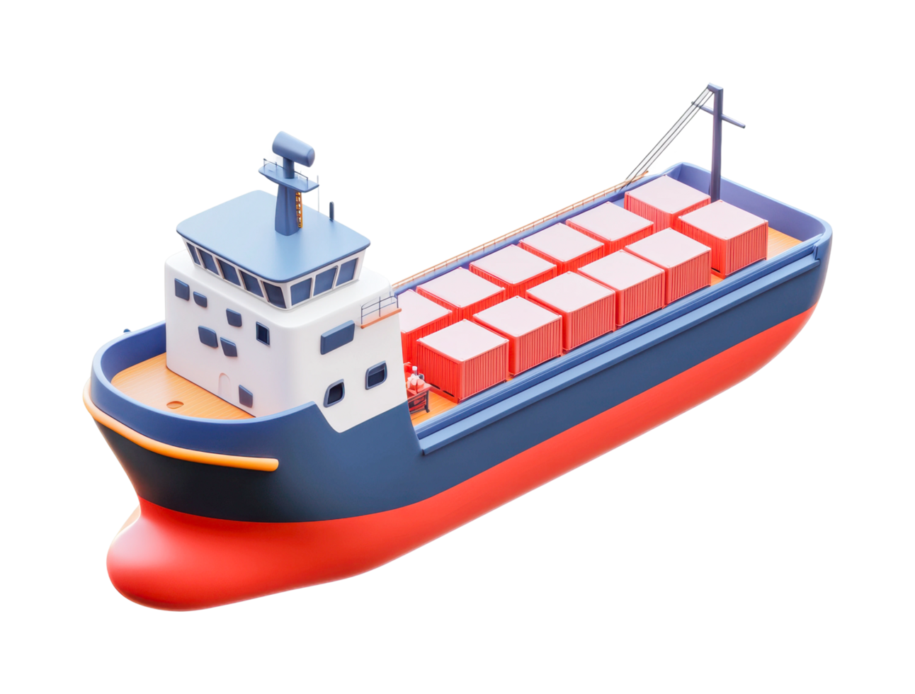 Cargo ship with red containers and blue hull in digital style png