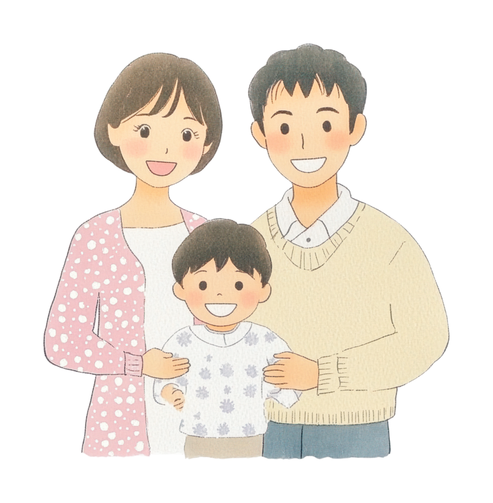 Smiling asian family with child hugging in casual attire png