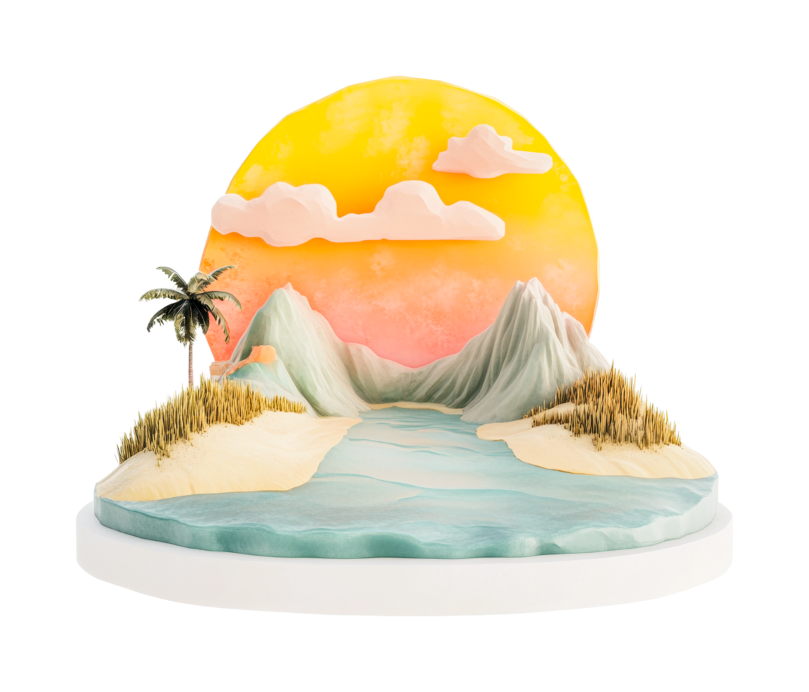 Tropical island with palm tree and mountains in sunset scene png