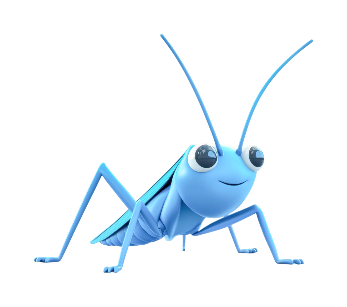 Blue cartoon grasshopper with large eyes and antennae on display png
