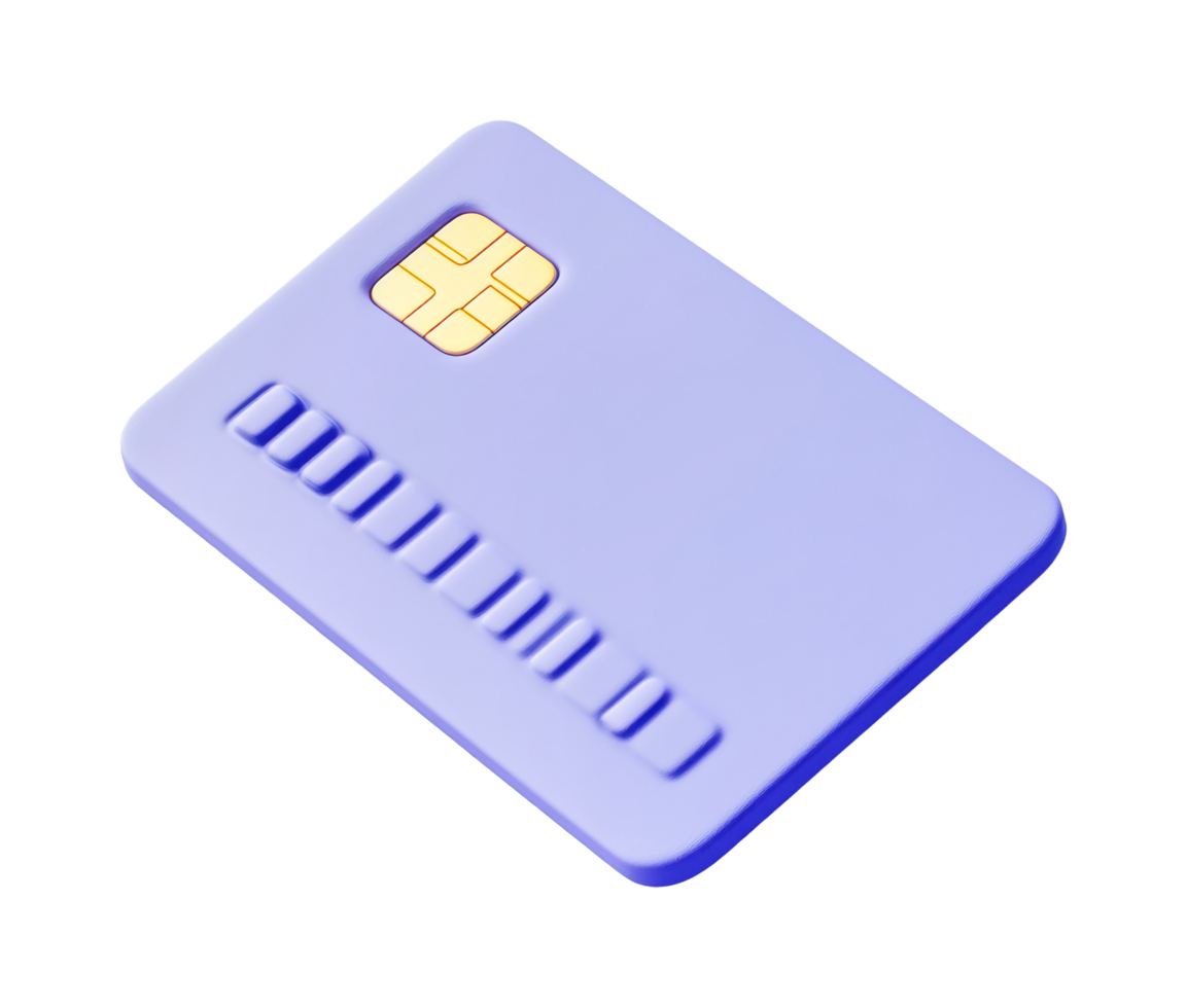 Blue credit card design with chip and embossed numbers png